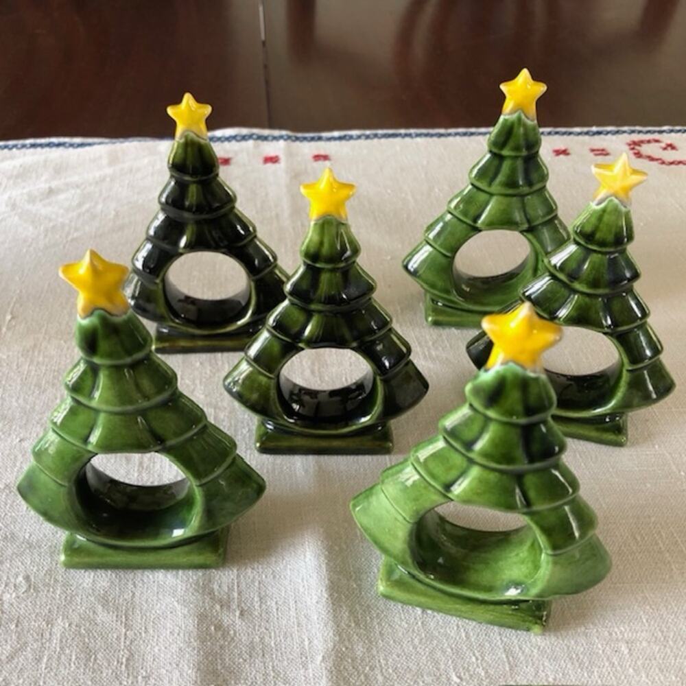 Vintage Green Glazed Ceramic Christmas Tree Napkin Rings — Set of 6